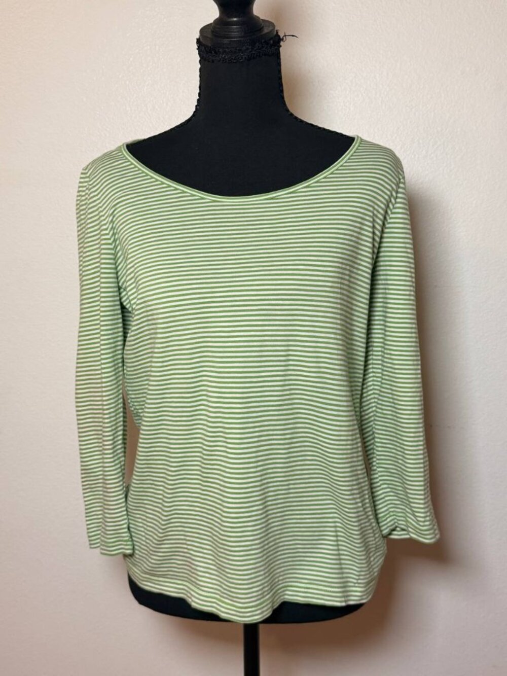 Talbots Green White Striped Pima Cotton Tee Scoop Neck Preppy Fall Layering M
